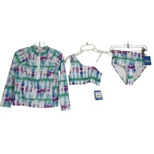 DSG Bikini And Rash guard Girls Size Small Swim Tie Dye Purple Blue Green Set